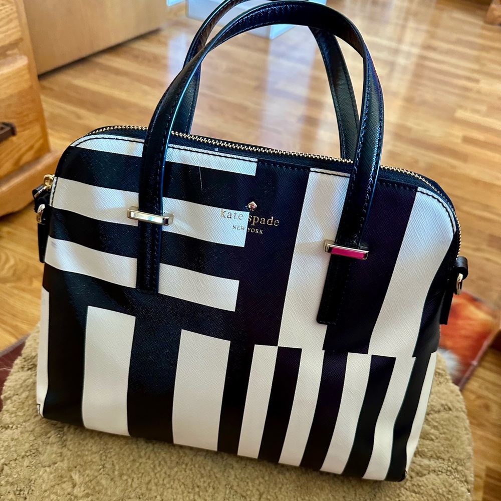 Kate Spade Monochrome Geometric Satchel black and white with both straps